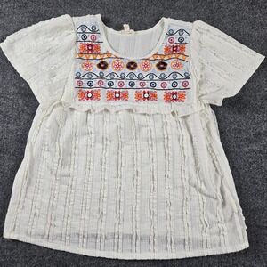 Moa Moa Embroidered Blouse Womens Medium Ivory Y2K Boho Ruffle Top PEASANT
